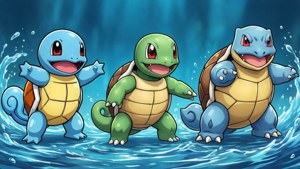 La línea de evolución completa desde Squirtle hasta Blastoise en poses dinámicas.