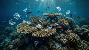 En hjemsøkende undervannsutsikt over et korallrev som lider under plast og klimaendringer, og blander skjønnhet med tragedie.