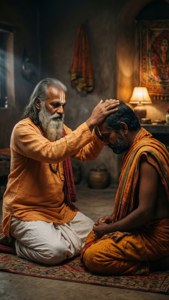 Swami Samarth segnet einen knienden Anhänger mit einer sanften Hand auf dem Kopf.