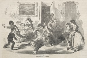 Blindman's Buff by Winslow Homer, created 1857, in wood engraving. Download this artwork as a high-resolution wallpaper for desktop, tablet, or mobile. — Winslow Homer Wallpaper