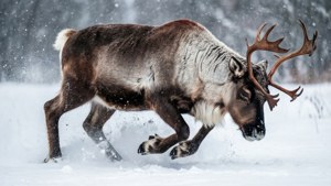 Une scène pleine d'action de Rudolph Stanley-Brown chargeant à travers une violente tempête de neige.