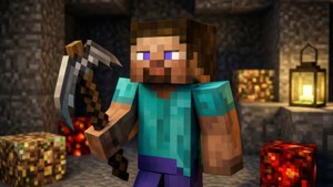 Minecraft-inspireret blokkarakter i en hule med pixelerede sten og en glødende lanterne