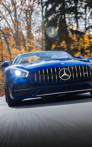 Sininen Mercedes-AMG GT Roadster kiitää syysmetsässä auringonlaskun aikaan.