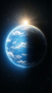 Une planète bleue lumineuse neuf moitié en plein soleil moitié à l'ombre contre un fond étoilé