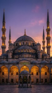 Fantastisk 4K islamsk bakgrunnsbilde med Blå moské i skumringen for telefonskjermer.
