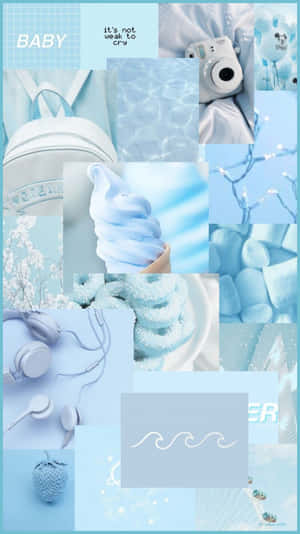 A pastel blue collage with baby items and sweet treats in a dreamy style.