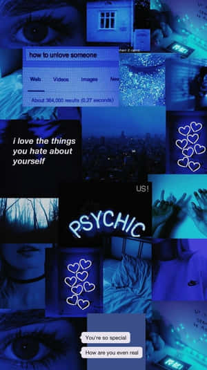 Blue-toned collage with eyes neon signs and romantic quotes.