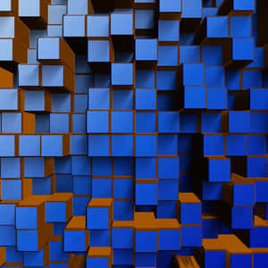 Wand aus blauen und orangefarbenen 3D-Würfeln mit scharfen Schatten und geometrischer Tiefe. — Abstract Square Wallpaper