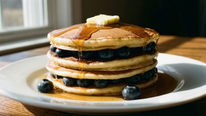 Pancake soffici ai mirtilli con sciroppo e burro.