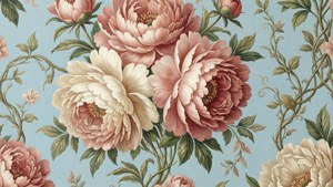 Un papier peint romantique J. P. Meillier et Cie avec des pivoines rose blush et ivoire sur fond bleu.