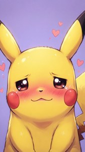 Pikachu blushing shyly with hearts on a purple background.