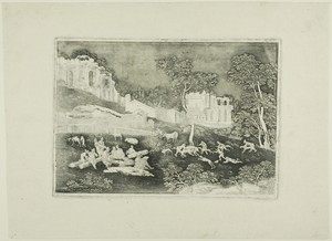 Boar Hunt by Gerhard Janssen, created 1717, in Etching and aquatint on ivory laid paper. Download this artwork as a high-resolution wallpaper for desktop, table — Gerhard Janssen Wallpaper