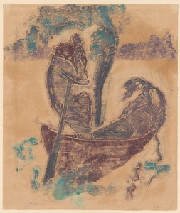 Boating by Ellen Thesleff, created 1925, in color woodcut. Download this artwork as a high-resolution wallpaper for desktop, tablet, or mobile. — Ellen Thesleff Wallpaper
