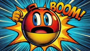 Ein Bob-omb im Pop-Art-Comic-Stil mit einem kräftigen BOOM!-Effekt.