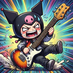 Chibi Bocchi jättiläiskitaran kanssa, liioiteltu koominen kaatuminen ja hikipisara.