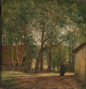 Boerenerf by Andreas Schelfhout, created c. 1820 - c. 1830, in panel; paper; oil paint (paint). Download this artwork as a high-resolution wallpaper for desktop — Andreas Schelfhout Wallpaper
