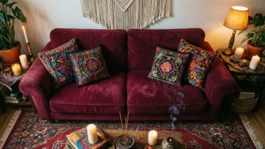 Eine eklektische Draufsicht auf ein burgunderrotes Boho-Sofa mit bunten Kissen und Makramee.