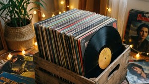 En koselig stabel med fargerike vinylplater på tre med eventyrlys, perfekt for varme boho-estetiske bakgrunnsbilder
