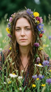 Bohème-portræt af Genevieve Buechner med blomster i håret i en vildblomstermark.
