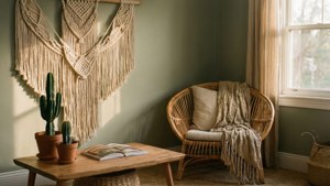 Boho decor with macrame, cactus, and rattan chair.