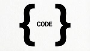 Une accolade en gras avec le mot 'CODE', typographie minimaliste.