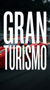 Gran Turismo -typografiajuliste, jossa on lihavoitu valkoinen teksti sumean punaisen kilpa-auton taustan päällä.