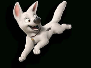 White animated puppy with bat tattoo leaping joyfully against black background. — Race car Picture