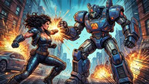 Actionfyldt scene af en DC Bombshell, der kæmper mod en kæmpe robot i byen.
