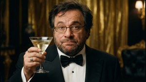 Danny Devito in smoking, parodia di James Bond, elegante e drammatica.