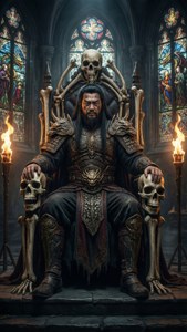 Shao Kahn på en bentron i en mörk katedral med glasmålningar.
