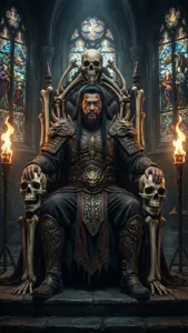 Shao Kahn på en bentron i en mörk katedral med glasmålningar.