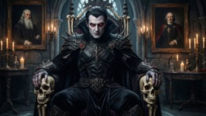 Vampyyriherra luuvaltaistuimella goottilaisessa linnassa punaisilla hehkuvilla silmillä.