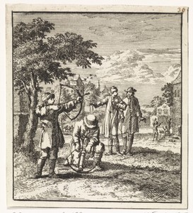 Boogschieten by Jan Luyken, created 1712, in paper; etching. Download this artwork as a high-resolution wallpaper for desktop, tablet, or mobile. — Art Wallpaper