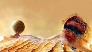 Tiny explorers run from a giant alien monster in a barren orange desert with a floating planet. — Reading Book Background