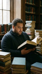 Man reading a book surrounded by stacks of vintage books in a library. — Jonah hill Wallpaper