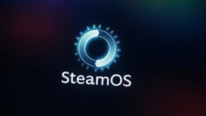 Close-up da tela de inicialização do SteamOS com ícone de carregamento giratório e logotipo brilhante.