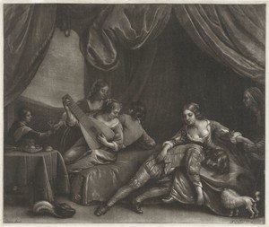 Bordeelscène by Wallerant Vaillant, created 1658 - 1677, in paper; mezzotint. Download this artwork as a high-resolution wallpaper for desktop, tablet, or mobil — Wallerant Vaillant Wallpaper