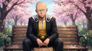 Saitama waits on a bench with shopping, spring atmosphere.