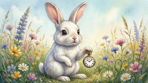 Ein weißes Kaninchen mit einer Taschenuhr sitzt desinteressiert auf einer Wiese voller Wildblumen.