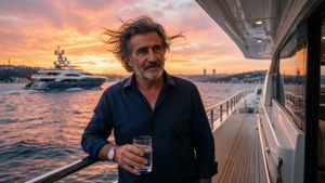 Ali Koç på yacht med utsikt over Bosphorus ved solnedgang