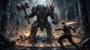 En spillerfigur undviger en kolossal boss med en hammer i en sort marmorarena.