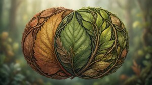 Un diagramme de Venn sur le thème de la nature avec des formes de feuilles et des couleurs terreuses.