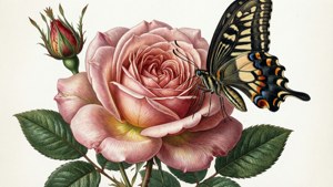 Botanische Radierung von Maria Catharina Prestel einer Rose mit Schmetterling, wissenschaftlicher Illustrationsstil.