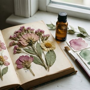 Een bloemige moodboard-achtergrond met geperste bloemen en aquarelstalen