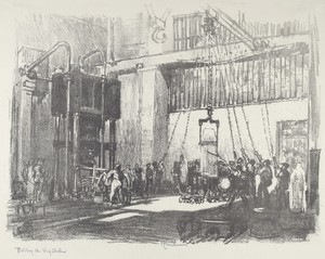 Bottling the Big Shell by Joseph Pennell, created 1916, in lithograph. Download this artwork as a high-resolution wallpaper for desktop, tablet, or mobile. — Joseph Pennell Wallpaper