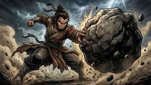 Toph släpper loss en kraftfull jordböjningsattack i en storm.