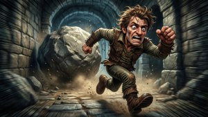 Spennende action-bakgrunn av Dungeon Crawler Carl som flykter fra en gigantisk rullende stein