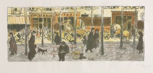 Boulevard by Pierre Bonnard, created 1899, in lithograph. Download this artwork as a high-resolution wallpaper for desktop, tablet, or mobile. — Pierre Bonnard Wallpaper