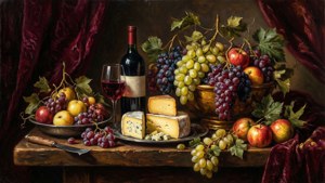 Klassisk stilleben med vin, ost, frugt oliemaleri tapet