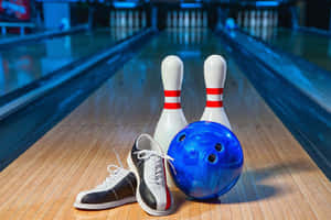 Bowling ball shoes and pins on a wooden lane under blue lights — Bowls Background